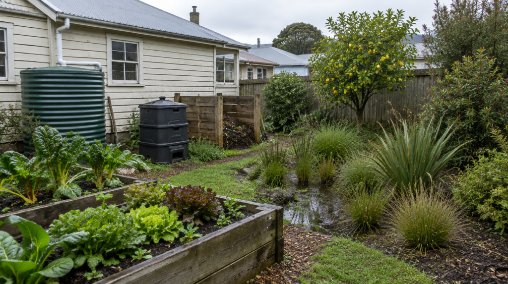 A New Zealand villa back section with a rainwater tank, compost bins, raised vegetable beds and a small raingarden planted with native sedges and flax