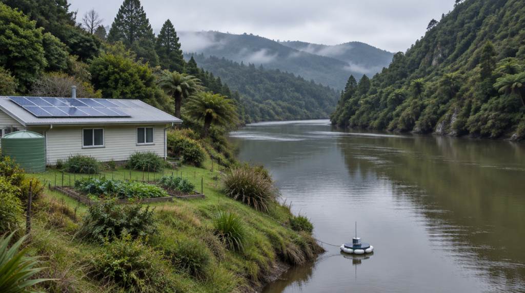 A small solar-roofed weatherboard building and vegetable garden beside a bush-lined New Zealand river, with a floating water-quality sensor moored near the bank