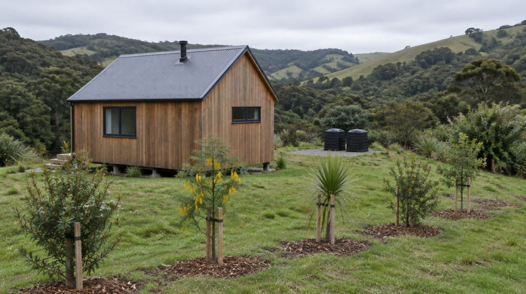 A cedar-clad tiny house with a roof vent on a rural New Zealand hillside, two black compost bins on a gravel pad behind it, and young kōwhai, mānuka and cabbage trees planted in mulch in the foreground