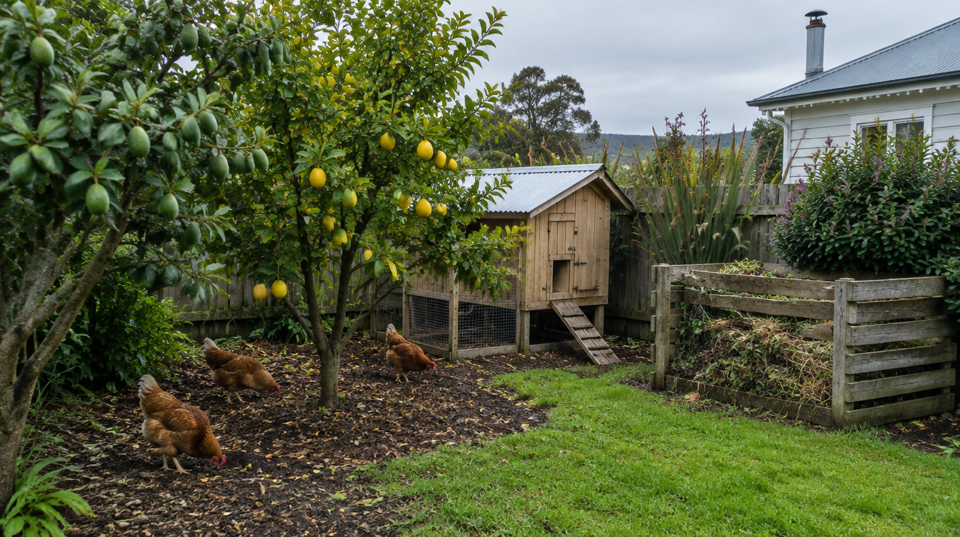 Brown hens scratching in mulch under feijoa and lemon trees beside a timber chicken coop and an open compost bay in a New Zealand backyard
