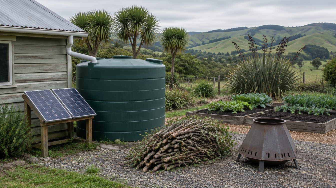 A green rainwater tank fed by a shed downpipe, two small solar panels, a pile of prunings and a steel biochar kiln beside vegetable beds on a New Zealand lifestyle block