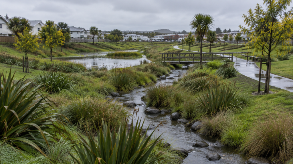 A restored stream winding through a planted stormwater park with native rushes, flax and young trees, with a shared path, footbridge and suburban houses behind